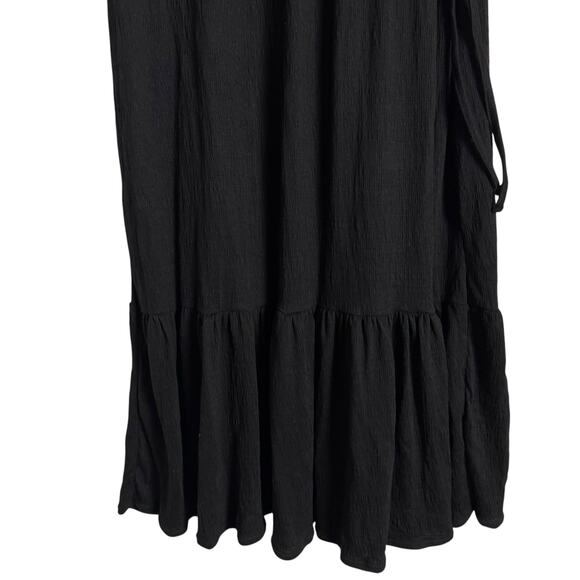 Max Studio Solid Black Flutter Short Sleeve Faux Wrap Midi Dress Size Large - Picture 10 of 13